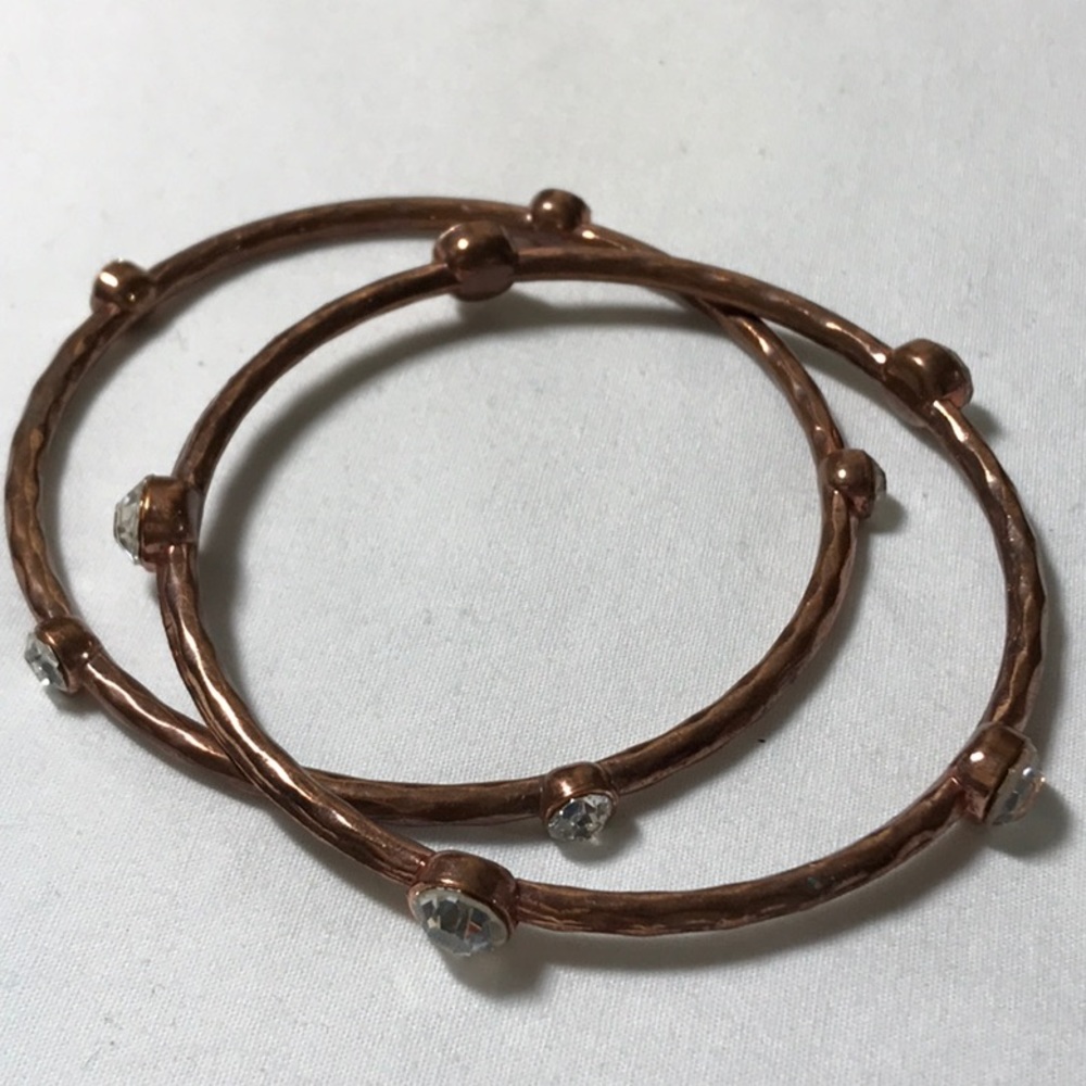 Copper tone bangle bracelets, clear rhinestones